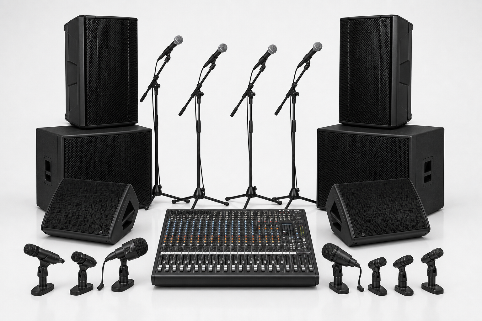Full band PA hire package with active tops, subwoofers, floor monitors, vocal and drum microphones, and a 24-channel mixer